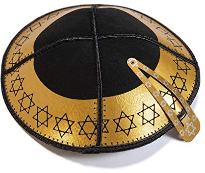 JL Kippha's Erwachsene jüdischen Leder-Schwarz-Gold Davidstern Kipa Kippah Kipa Kopf Cap Synagoge