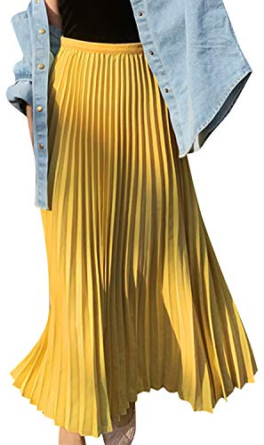 Lisli Damen Plissee Rock Maxi Falten Lang Swing Rock Faltenrock Hoch Taille Elastisch Einfarbig Gefaltetes Ausgestelltes Midi Rock für Festlich Cocktail Freizeit EU32-38
