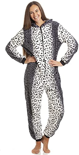 Camille Womens Supersoft Luxury Fleece Grey Snow Leopard Onesie