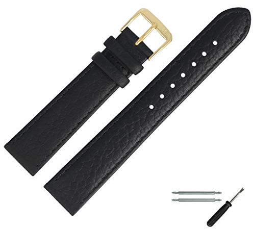 MARBURGER Uhrenarmband 16mm Leder Schwarz Gold Shrunk Prägung Mit Naht - Montage Set 6171610000220