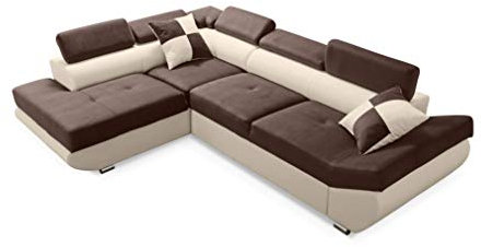 Robin Saturn Ecksofa mit Schlaffunktion Bettkasten 5 Verstellbare Kopfstützen 2 Kissen Sofa L-Form Schlafsofa Eckcouch Schlafcouch Wohnzimmermöbel Wohnlandschaft Links Schokolade Biscuit