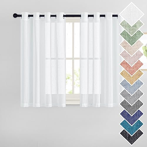 PONY DANCE Vorhang Kurz Leinenoptik Gardinen Weiss Halbtransparent Ösenvorhang 2er Set H 145 x B 140 cm Küchen Vorhänge im Landhausstil Kurze Gardinen Wohnzimmer