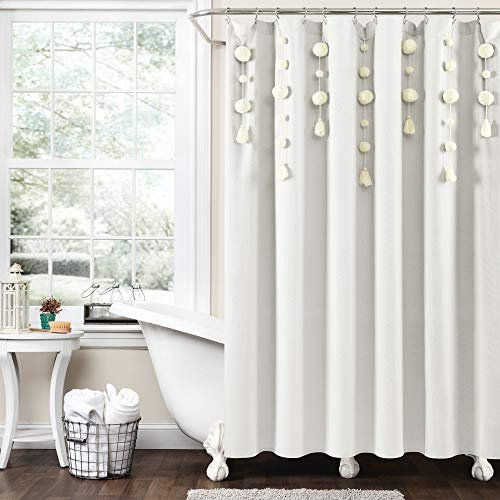 Lush Decor Rideau de Douche en Lin avec Pompons, Style bohémien, 182,9 x 182,9 cm, Blanc cassé
