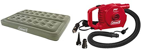 Coleman Comfort Double Flocked Surface Inflatable Camp Air Bed - Green, 188 x 137 x 22 cm and 12 Volt Quick Pump - Red, 20.5 x 0 x 12.5 cm