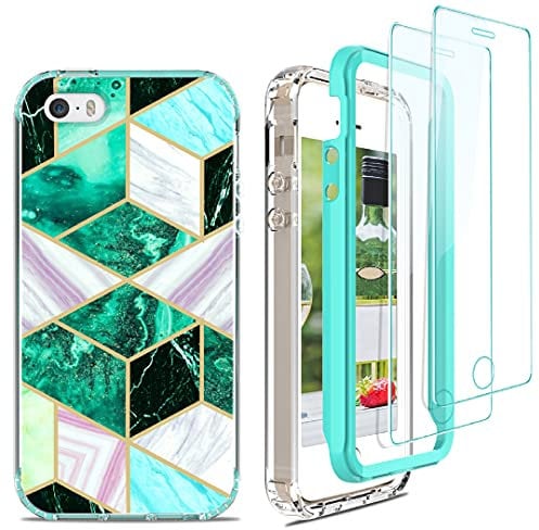 Jeylly for iPhone 5/5S/SE Case with [2 Pack] Tempered Glass Screen Protector, Dual Layer Slim Stylish Marble Shockproof Anti-Scratch Drop Protection Rugged Cover for Phone 5/5S/SE 2016 - Dark Green