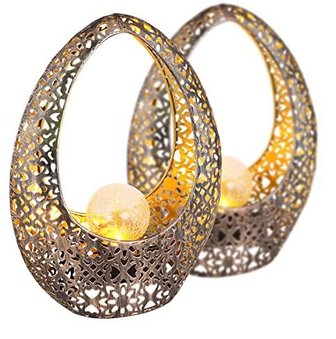 Solarlampe für Außen Stehend Skulptur mit Glaskugel 2er Set – Solarleuchte Garten 27 cm Hoch – Außenleuchte Gartenlampe LED – Leuchte Solar Aussenlampe IP 44 Metall Glas Crackle Lichtspiel