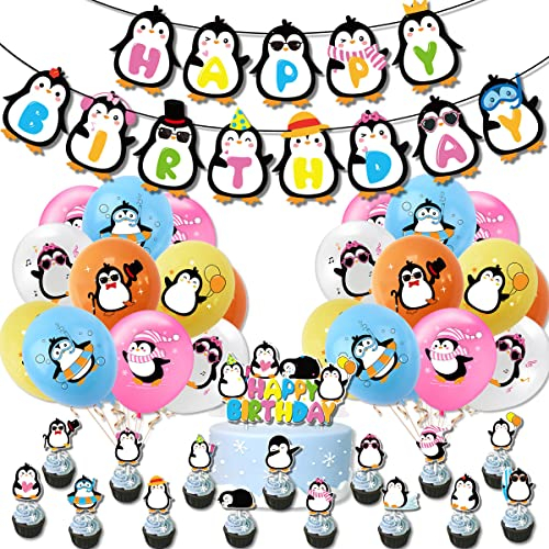 Pinguin Geburtstagsdekoration - Party Supplies, Alles Gute Zum Geburtstag Banner, Walking Luftballons, Cake Toppers für Kinder Geburtstag Babyparty Winter Wunderland Dekoration