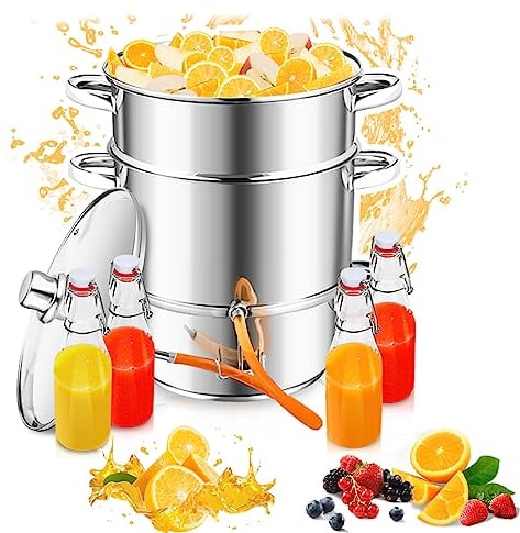 Vigevee 16L Dampfentsafter, Edelstahl Entsafter Saftpresse Durchmesser Ø26cm, Fruchtentsafter mit 4 Bügelflasche, ideal für Saft und Gelee, alle Herdarten geeignet