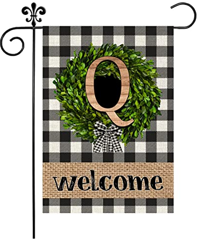 Willkommen Gartenflagge Q Initiale Buchstabe Kranz Benutzerdefinierte Nachname Veranda Flaggen Vertikale Doppelseitige Büffelkaro Holz Garten Hof Banner Rasen Outdoor Dekoration 31,8 x 45,7 cm (Q)