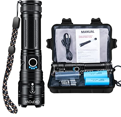 OKPOW Torches Led Super Bright Rechargeable - 10000 Lumens Powerful Tactical Flashlight XHP90 - Led Torch Charge 5000mAh Military Waterproof Zoomable 5 Modes for Emergency