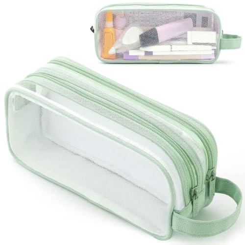 MAMUNU Mäppchen Durchsichtig Große Kapazität, Durchsichtig Federmäppchen 2 Fächer, Transparent Federmappe mit Reißverschluss, Tragbare Stiftetasche Pencil Case Etui Schule für Jungen Mädchen, Grün