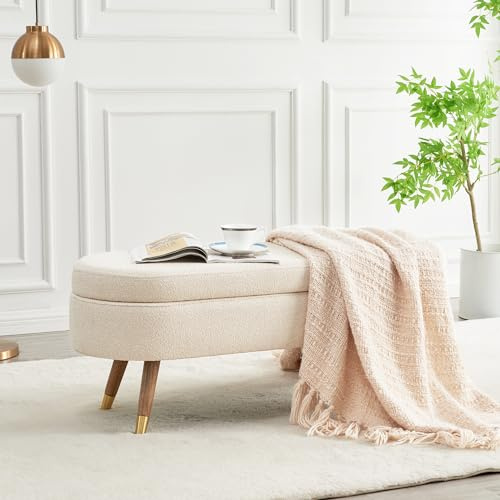 IAFIKE Ovale Sitzbank mit Stauraum, 110,5 cm, Polsterbank, Fußstütze, Sitzbank aus Bouclé-Stoff, mit goldenen Metallbeinen, Bettende für Schlafzimmer, Wohnzimmer, Eingang, Bettseite (Beige)