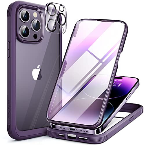 Miracase Glass Series for iPhone 14 Pro Case 6.1 Inch, [Built-in 9H Tempered Glass Screen Protector + Camera Lens Protector] Full Body Rubber Bumper Clear Back Case Cover (Deep Purple)