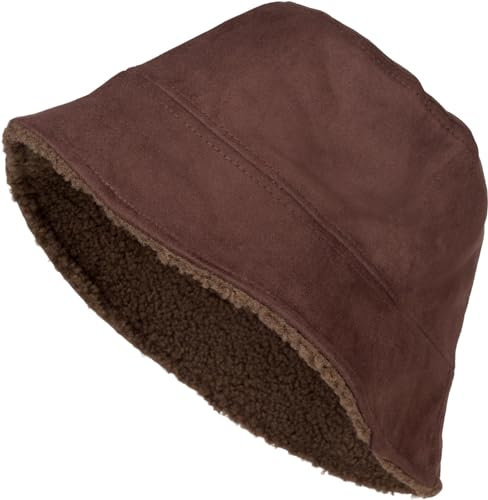 styleBREAKER Unisex Wende Fischerhut in Veloursleder Optik/Teddyfell, Warmer 2 in 1 Wendehut, Bucket Hat Herbst Winter 04025037, Farbe:Dunkelbraun