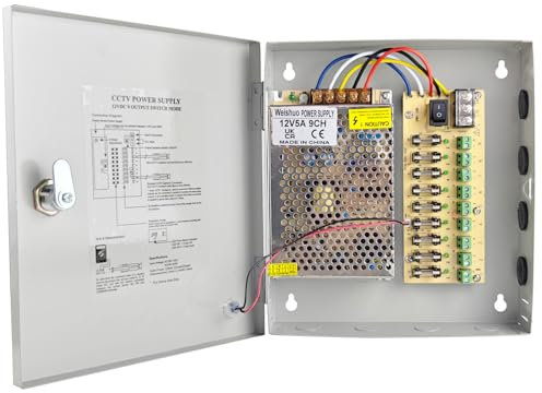 Weishuo 12V Power Supply Box for CCTV Camera 9 Channels Output AC 110V/220V to DC 12V 5A 60W CCTV PSU Power Distribution Box
