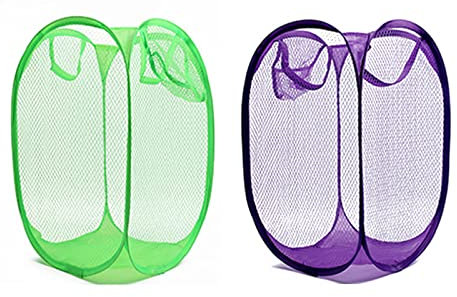 Ckbuity 2pcs Folding Laundry Basket 45L Washing Basket, Breathable Mesh Foldable Cleaning Basket, Folding Baskets Washing Portable Laundry Baskets for Bedroom, Bathroom and Kids Room, Purple+Green