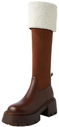 Onewus Stivali alti al ginocchio da donna con tacco alto e lana d'agnello, marrone scuro., 34 EU