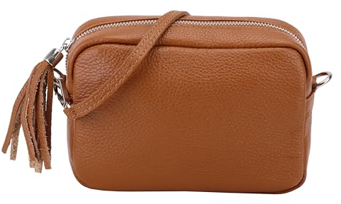 SH Leder Echtleder Umhängetasche kleine Tasche Abendtasche Clutch Crossbody Bag Messenger Handtasche mit Reißverschluss 18x13cm Tina G296 (Cognac)