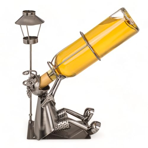 MIJOMA Metal Bottle Holder Night Contemplation, Wine Bottle Holder with Tea Light Holder, Your Wine Enjoyment in a Light Play Ambience and a Party for the Eyes - For Wine Lovers with Humour, 23 x 28