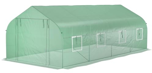 Outsunny Serre de Jardin Tunnel 600 x 300 x 200 cm Porte + 8 fenêtres enroulables métal galvanisé bâche PE Haute densité 140 g/㎡ idéale pour Toutes Saisons Vert