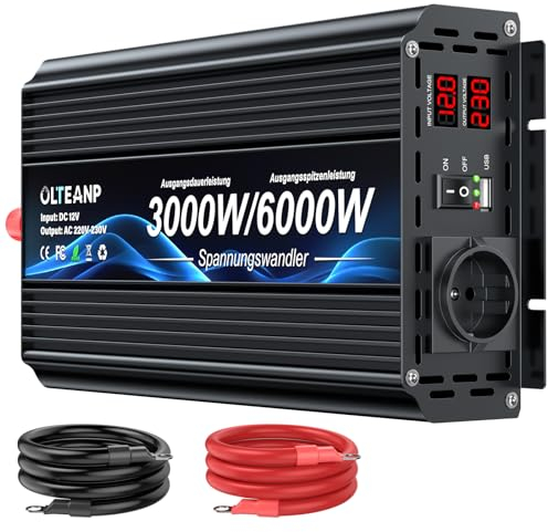 OLTEANP Spannungswandler 12v 230v 3000W -Modifizierte Sinus Wechselrichter 12v auf 230v Spannungswandler mit LCD-Bildschirm,Fernbedienung&USB-Anschlüsse EU-Steckdose für Wohnwagen,Camping