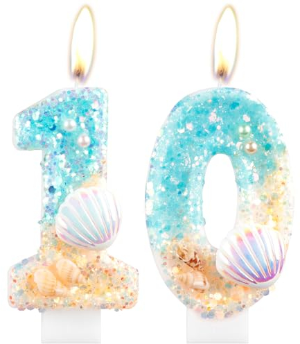 Mermaid Birthday Candles, Shell Sequins Candles for Cake, Girls 10th Birthday Decorations, Blue Ocean Birthday Candles, Conch Number 10 Candles Cake Toppers for Girls Boys Birthday Party Decorations