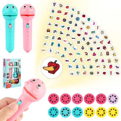 2 Stück Projektor Taschenlampe Kinder, Taschenlampe Kinder Projektor, Cartoon Diaprojektor Taschenlampen, Spielzeug Taschenlampe mit 96 Mustern für Kinder ab 3 Jahren (Rosa, Blau)