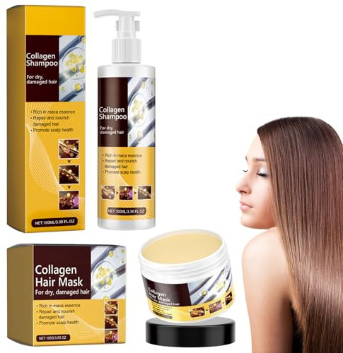 Shampoo Mit Kollagen + Collagen Hair Mask, Haarmaske Für Geschädigtes Haar, Kräftigendes Haarshampoo, Collagen Hair Treatment, Macht Das Haar Gesünder, Dicker Und Glatter
