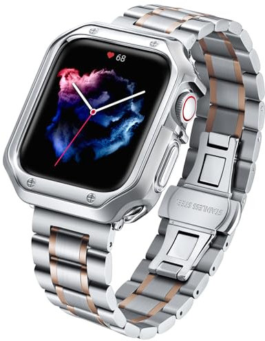 BINLUN Compatible con Apple Watch Correas Acero 45mm 44mm 42mm 41mm 40mm 38mm Pulseras de Repuesto para Apple Watch Protección TPU Funda con Correa de Metal para iWatch Hombre Mujer (Plata Oro Rosa)