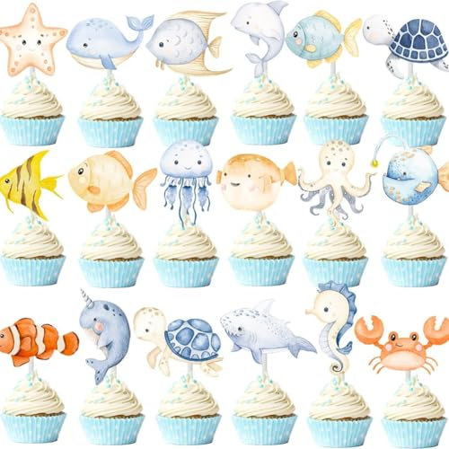 Cupcake-Topper mit Ozean-Motiv, 18 Designs, Cupcake-Dekorationen, bezaubernde Ozean-Tiere, Kuchendekorationen, unter dem Meer, für Kinder, Jungen, Mädchen, erster Geburtstag, Babyparty, Party, 36