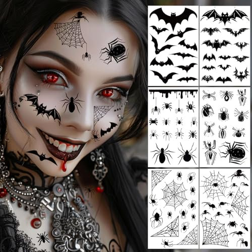 Halloween Tattoo Gesicht, 6 Blatt große Größe Spinnen Fledermaus Gesichtstattoo Schminke, Halloween Hexen Kostüm Damen Kinder Accessoires