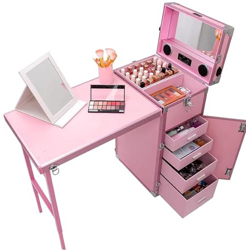 DPLWJPP Rolling Manicure Table Foldable Nail Table Makeup Train Case,With Pull Rod,Storage,Worktable And Mirror,Bluetooth Player,For Spa Salon Art Desk,Pink