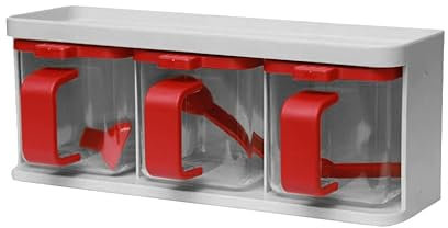 3pcs Spice Jars 3 Grids Spice Rack with Spoons Lid and Handle Seasoning Box Herb Spices Storage Condiment Jar Set Spice Pots Plastic Storage Container Canister Cruet (Brown) (Ivory/Red)