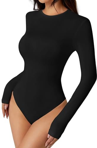 NEW YOUNG Damen-Body mit Rundhalsausschnitt, langärmelig, Basic-Tops, Gymnastikanzug, dehnbarer Jumpsuit, Shapewear, Schwarz, Schwarz, M