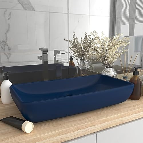 Brokky Lavabo Lusso Rettangolare Blu Scuro Opaco 71x38 cm in Ceramica-Lavandino di Appoggio Design Moderno,Lavabo ad incasso in ceramica,Rettangolare,Finitura Bianco Lucido,Lavamani senza Piletta,Baci