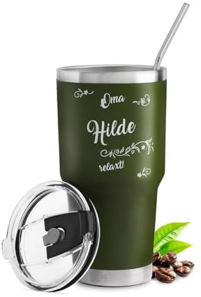Maverton Kaffeebecher 800 ml mit Gravur Grün, Thermobecher mit Deckel | Thermobecher mit 2 Strohhalmen & Reinigungsbürste, Geschenke für Frauen, personalisiertes Geschenk für Oma