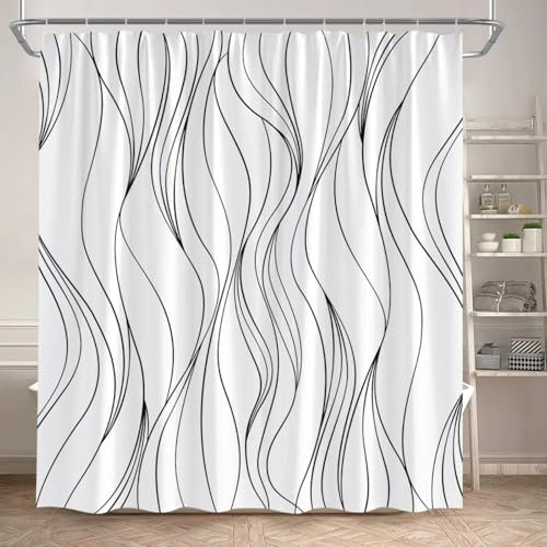 KDOVOXB Schwarz-weiß gestreifte Duschvorhang, modern, geometrische Linien, Kunst, minimalistisches Muster, Badevorhanghaken, 80 x 200 cm (B x H), Stoff-Duschvorhang