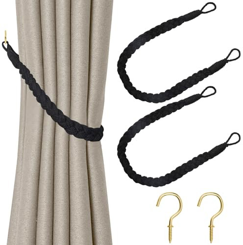 2 Stück Vorhang Raffhalter, Raffhalter für Gardinen, Handgestrickte Vorhang Raffhalter, Vorhangbinder, Gardinen Raffhalter für Haus Office, Wohnzimmer, Schlafzimmer-Schwarz