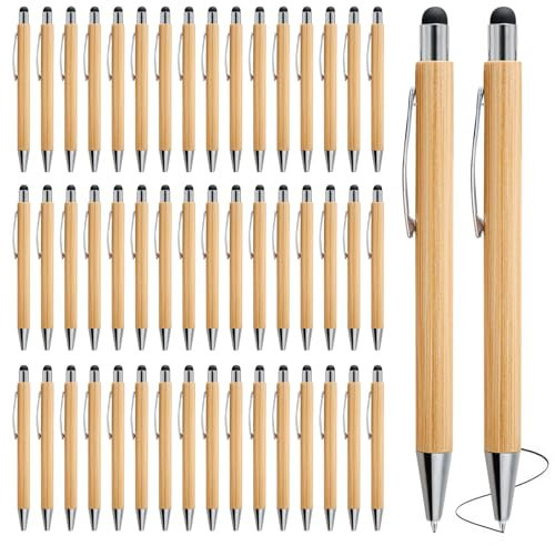 BORDEAG 50 Stück Bambus Kugelschreiber, Druckkugelschreiber Touch, Einziehbarer Kugelschreiber Für Universelle Touchscreen Geräte, Für Büro Haushalt
