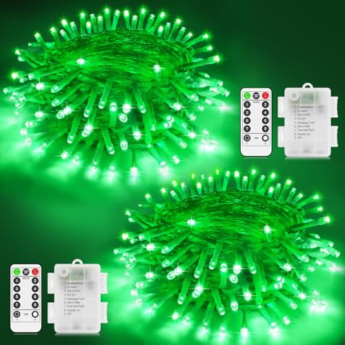 2 Pack Christmas Lights Battery Fairy Lights Total 20M 200 LED Clear Wire String Lights Outdoor Waterproof with Remote Timer 8 Modes for Outside Garden Yard House Indoor Room Party Decorations -Green