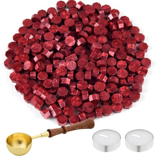 NEBURORA 200 Stück Siegelwachs perlen, Siegelwachs Rot mit Wachslöffel und 2 Teelichtern, achteckiges Wachssiegel-Set für Stempel,Einladungskarten, Umschläge,Weinpakete,Geschenkverpackungen