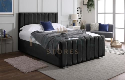 Rapyal Velvet Upholstered Panel Bedframe with Optional Ottoman Storage – Modern Design, Multiple Sizes & Colours (Black, Super King, With Ottoman Storage)