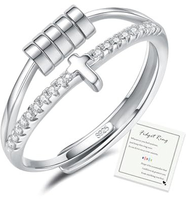HEEYA Anxiety Ring Kreuz für Damen Silber 925 Angstring mit 5A Zirkonia Offen Verstellbar Anti Stress Ring mit Perlen Spinner Fidget Ringe Frauen Hypoallergen Stimmungsring gegen Stress