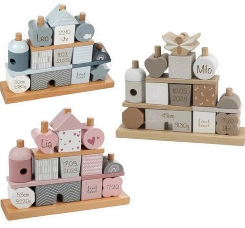 Steckspiel Haus rosa Personalisierbares Geschenk zur Geburt Mädchen Handmade Holzspielzeug Personalisierte Baby Label Stapelturm mit Name & Geburtsdaten Einzigartigliebe (Blau)