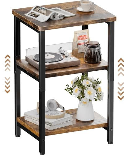HLONONE Beistelltisch Holz, Nachttisch mit Verstellbarer Ablage, Couchtisch mit Offenem Stauraum, Sofatisch, 30 x 37 x 64.7 cm, Telefontisch fur Wohnzimmer und Schlafzimmer, Vintagebraun