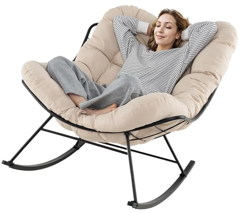 COSTWAY Fauteuil a Bascule d'Intérieur et d'Extérieur, Chaise Papasan Surdimensionnée avec Coussin Rembourré, Cadre en Métal, Fauteuil Œuf pour Salon, Patio, Capacité 205 kg (Beige)