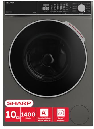 Sharp Waschmaschine ES-WNFL014CADA-DE, 10 kg, 1400 U/min, Energieeffizienzklasse A, Inverter Motor, WiFi-fähig, AquaStop, Dampffunktion, Touch Display, Frontlader – Espresso Gray