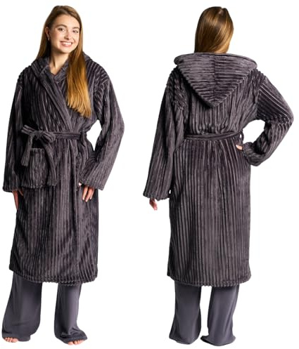 OHS Ribbed Fleece Dressing Gown, Super Soft Ladies Dressing Gowns Winter Warmer Gifts for Women Luxury Fleece Loungewear Womens Robes Ribbed Design - One Size