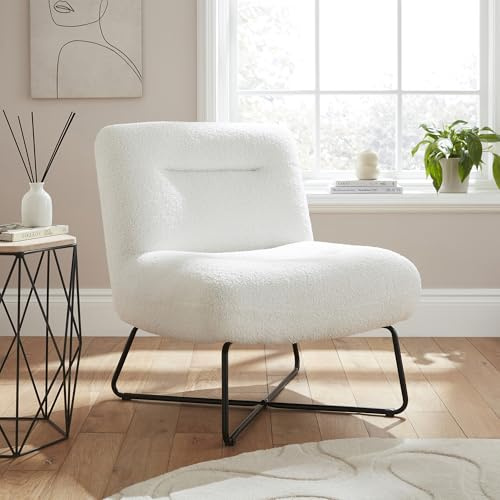 GFW Willow Cream Teddy Accent Chair, Bouclé Upholstered Armless Chair with Black Metal Legs, Modern Occasional Chair