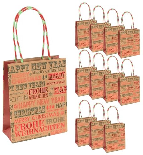 Idena 90407 - Geschenktaschen Frohe Weihnachten, 12 Stück, Papiertüten in der Größe 15 x 12 x 5 cm, Geschenktüten für Weihnachten und Silvester